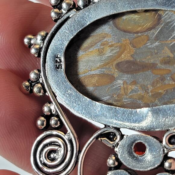 Handmade Silver Pendant With Fossil Coral Gemstone & Faceted Red Garnet Accent - Picture 3 of 10